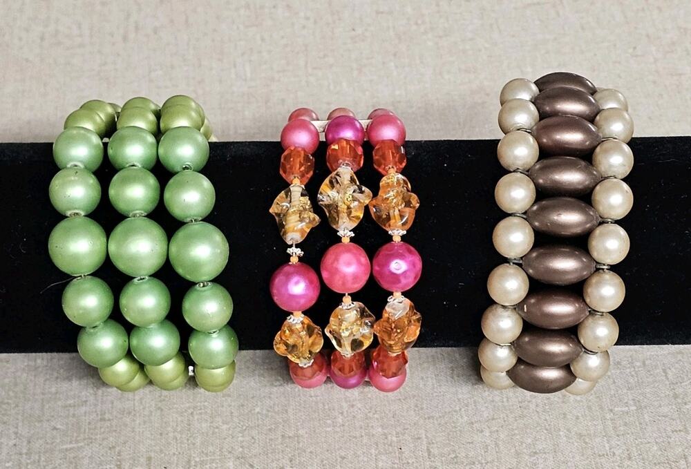Vtg Memory Wire 3 Strand Bracelets Lot of 3 Faceted Beads Faux Pearls Retro